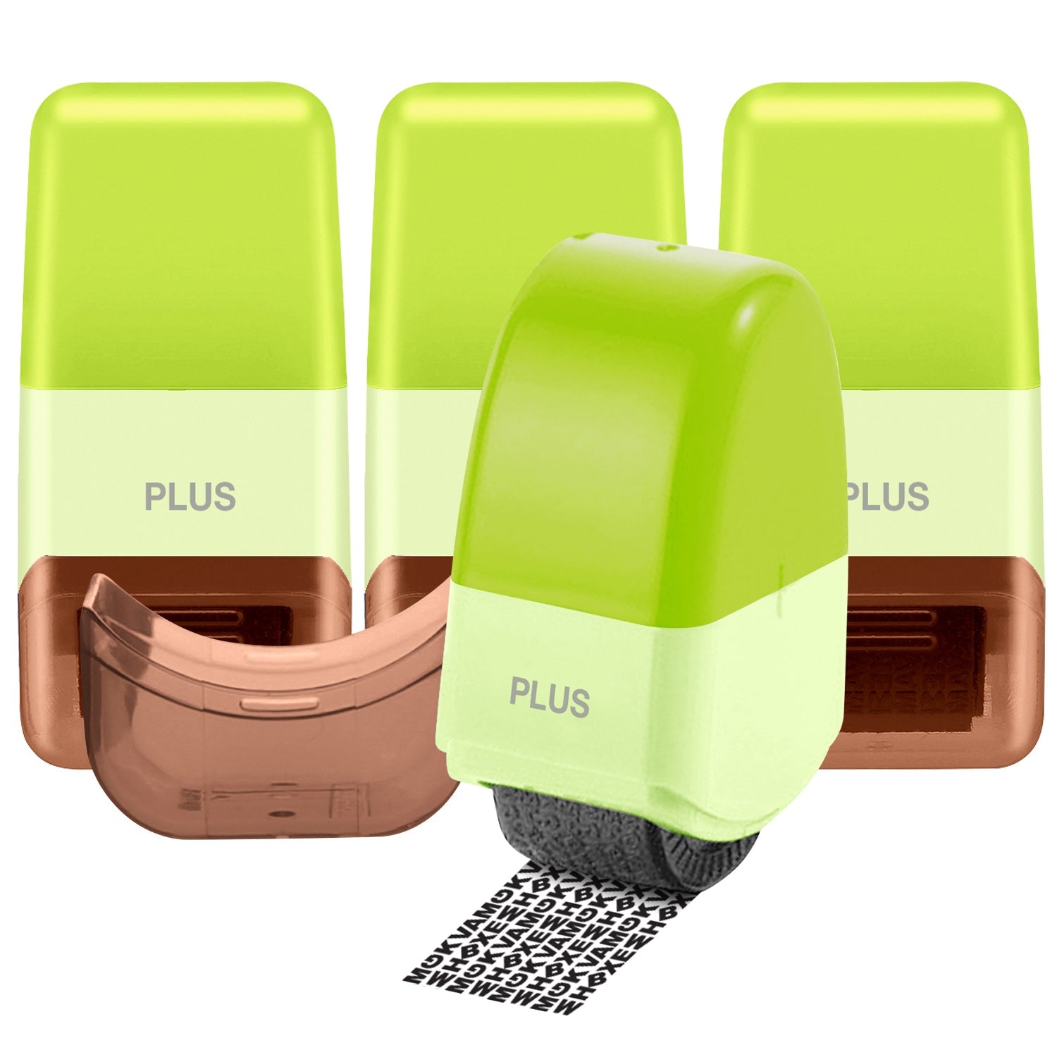 Green and brown stamp with 'PLUS' branding on a white background