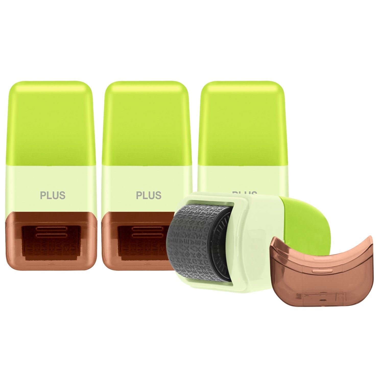 Three green and copper Plus brand products on a white background