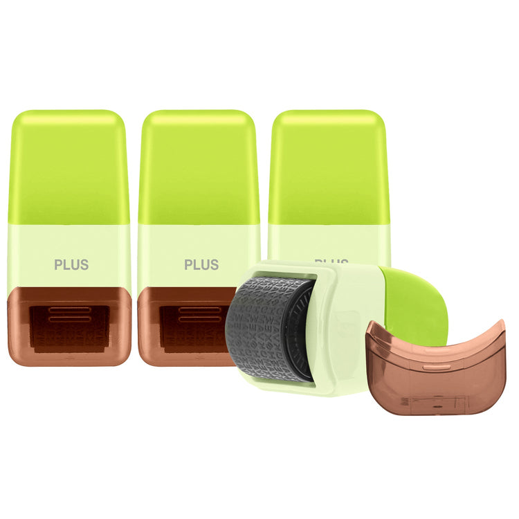 Three green and copper Plus brand products on a white background