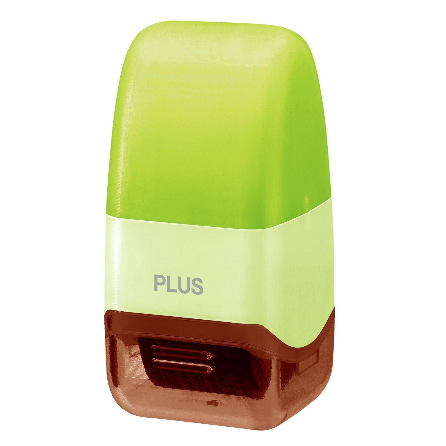 Green and brown stamp with 'PLUS' branding on a white background
