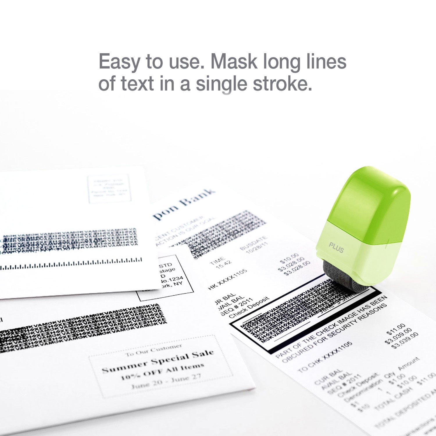 Green stamp with text on paper, labeled 'Puls', with text 'Easy to use. Mask long lines of text in a single stroke.'
