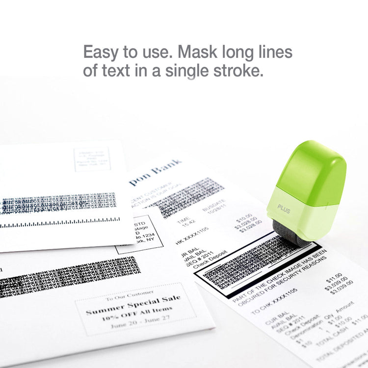 Green stamp with text on paper, labeled 'Puls', with text 'Easy to use. Mask long lines of text in a single stroke.'