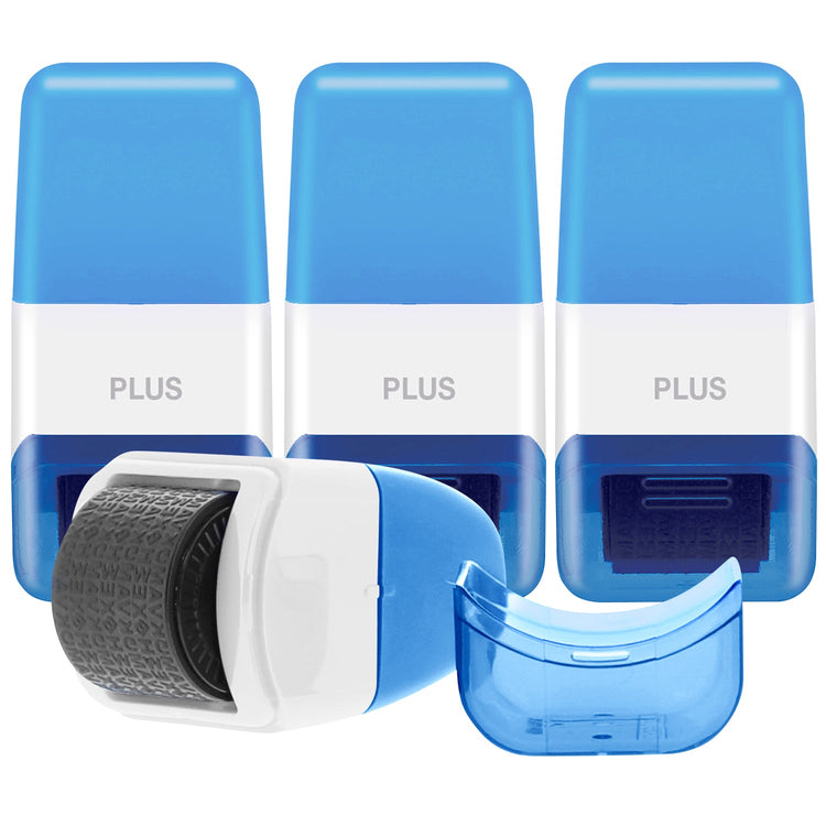 Three blue and whitePlus brand roller shaver devices on a white background