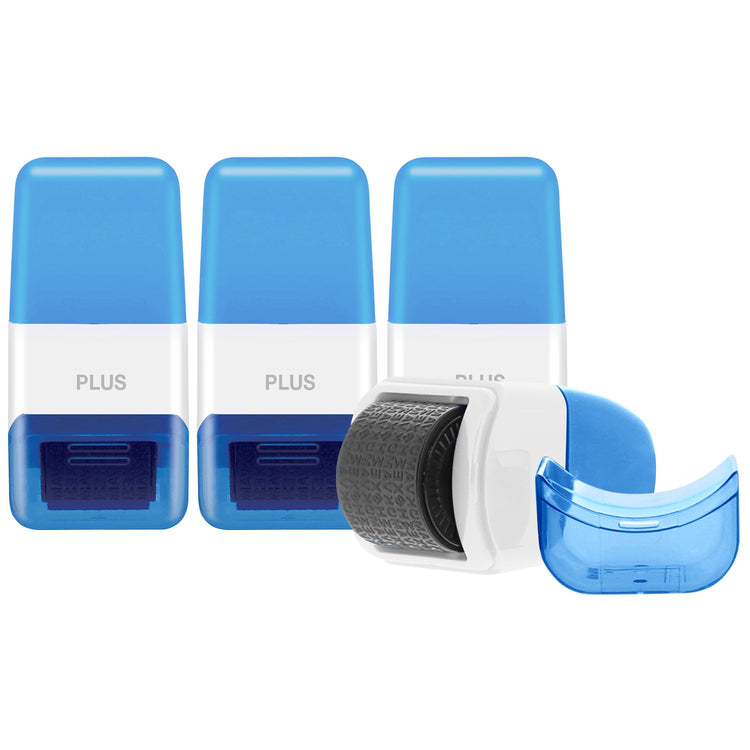 Three blue and white Plus brand products on a white background