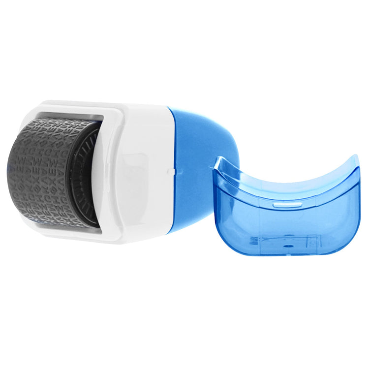 Roller with a blue cover on a white background