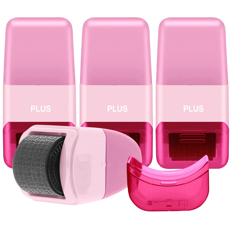 Three pink and gray devices with 'PLUS' branding on a white background