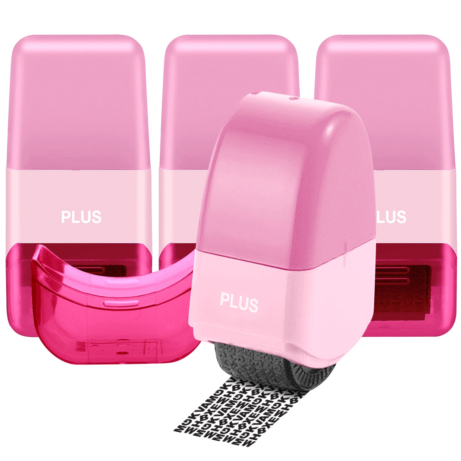 Pink and clear stamp with 'PLUS' branding on a white background