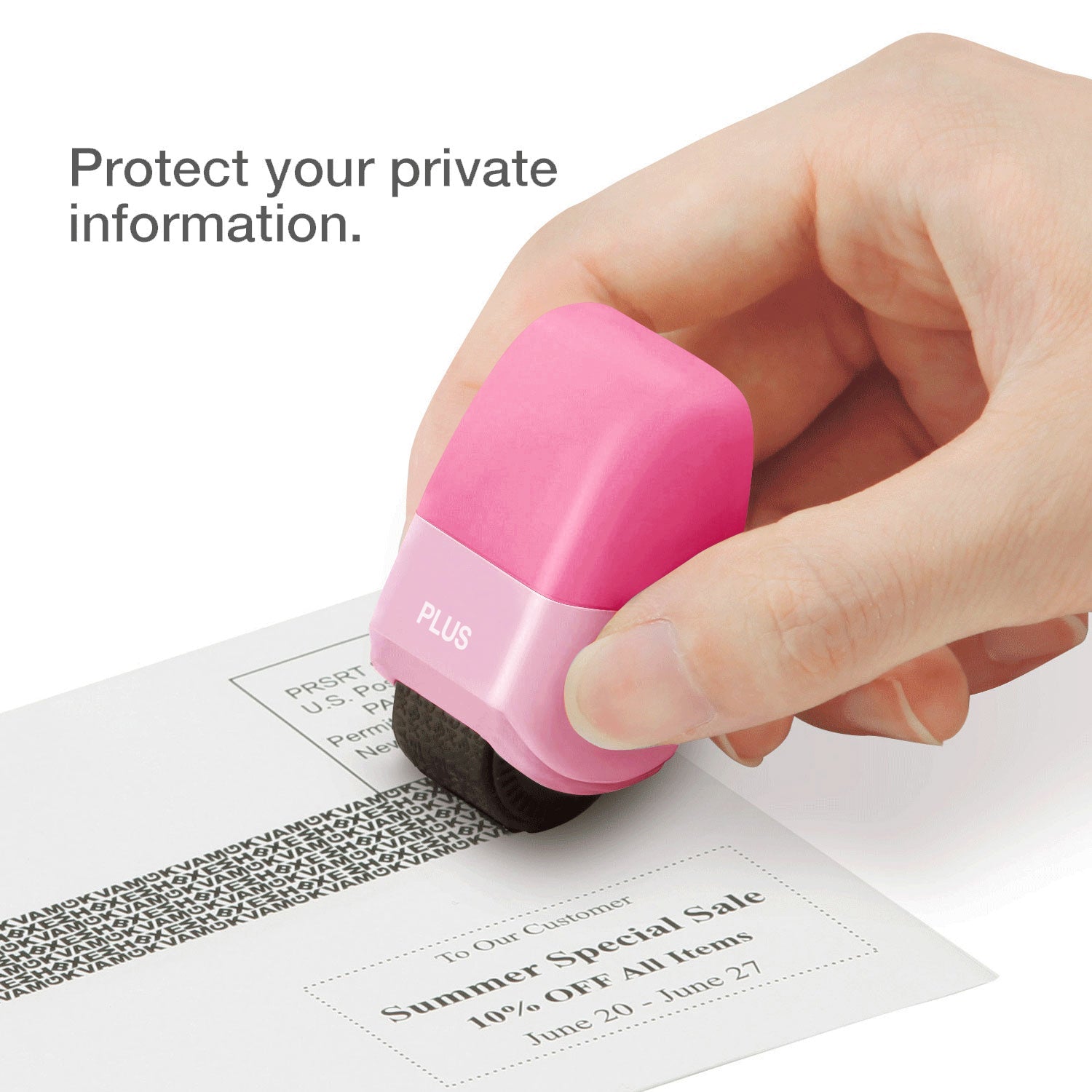 Pink eraser being used on a document with text 'Protect your private information.'