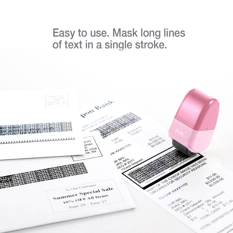 Pink stamp with text on paper, labeled 'Easy to use. Mask long lines of text in a single stroke.'