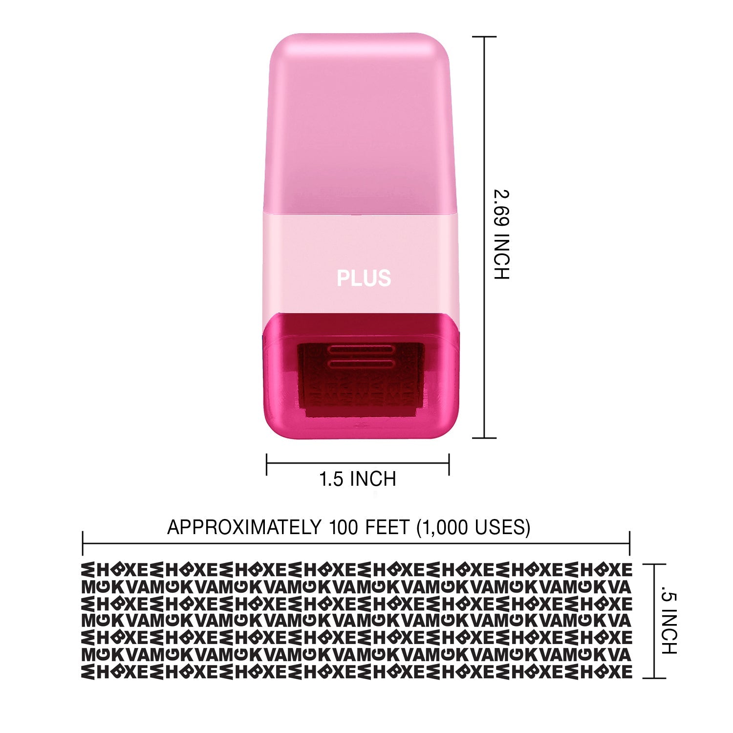 Pink and red device with dimensions and text on a white background