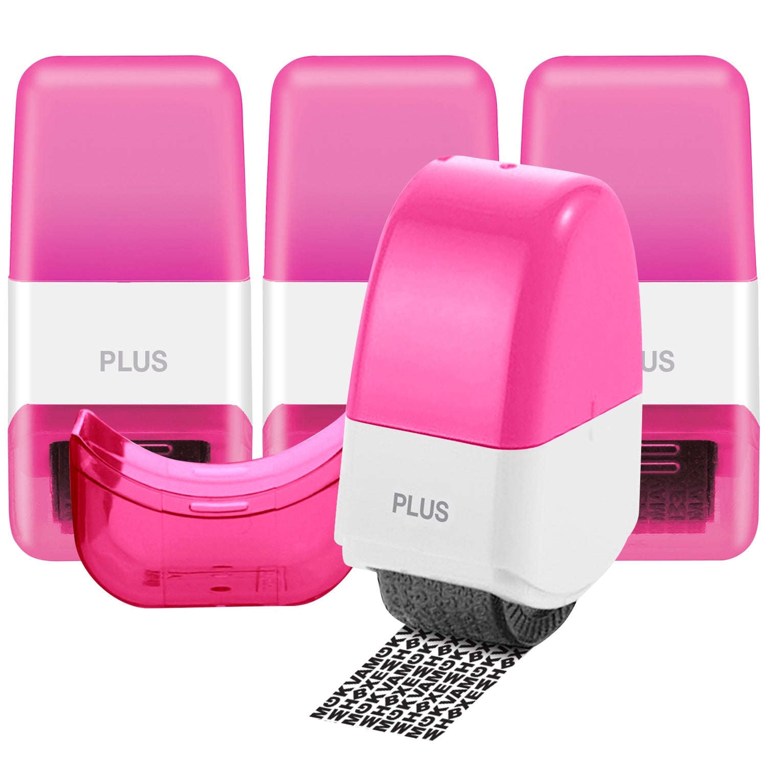 Pink and white stamp with a visible brand name on a white background