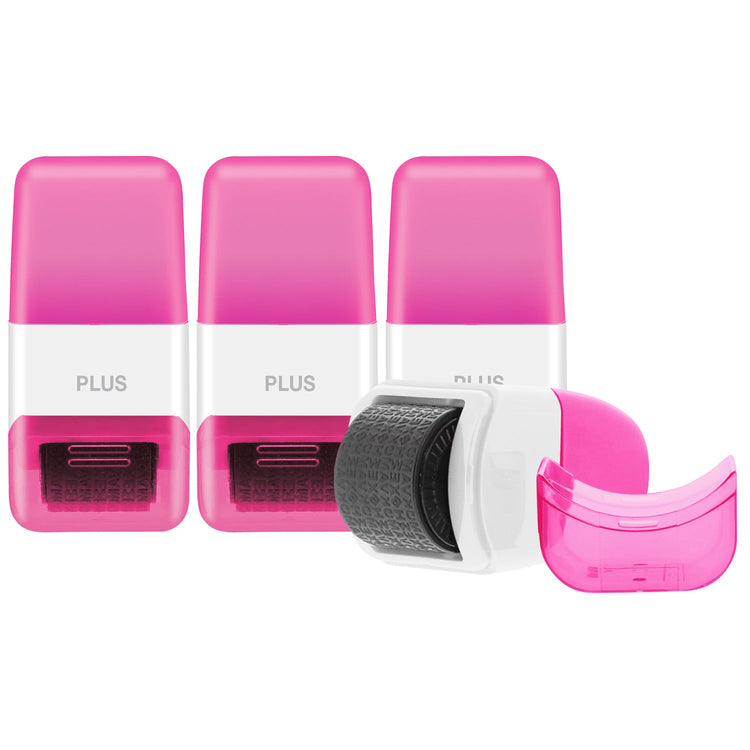 Three pink and white Plus brand products on a white background