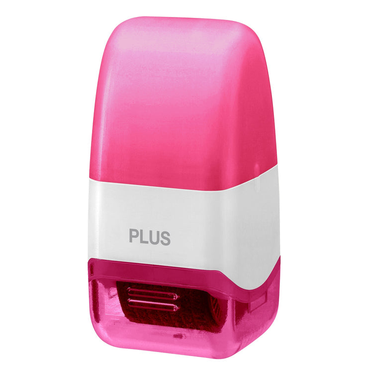 Pink and white sharpener with 'PLUS' branding on a white background