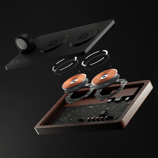 A wireless charging pad with integrated Apple Watch charger, featuring a black and oak design, with a smartphone, smartwatch, and earbuds being charged.