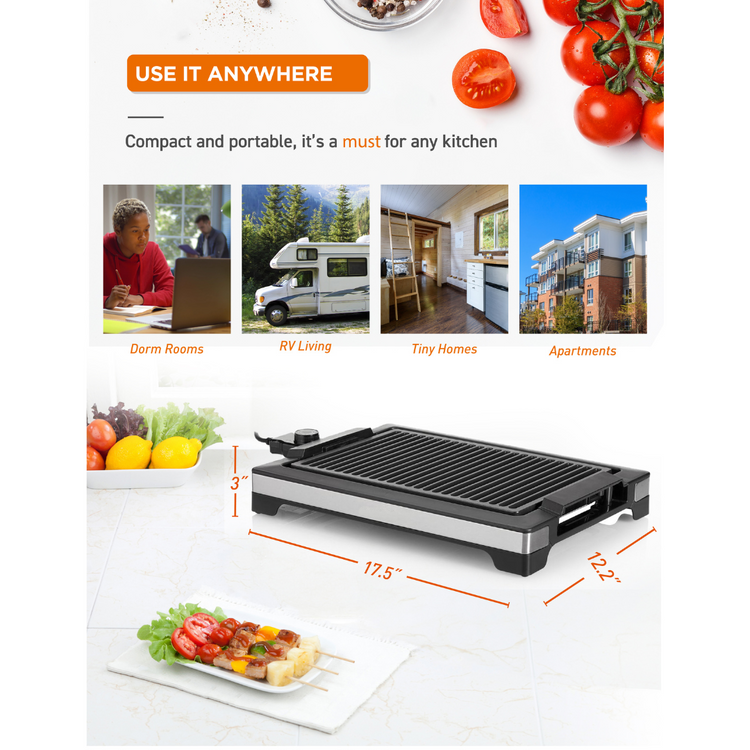 Indoor Grill for Tabletop Countertop or Kitchen 1600W Electric Grill