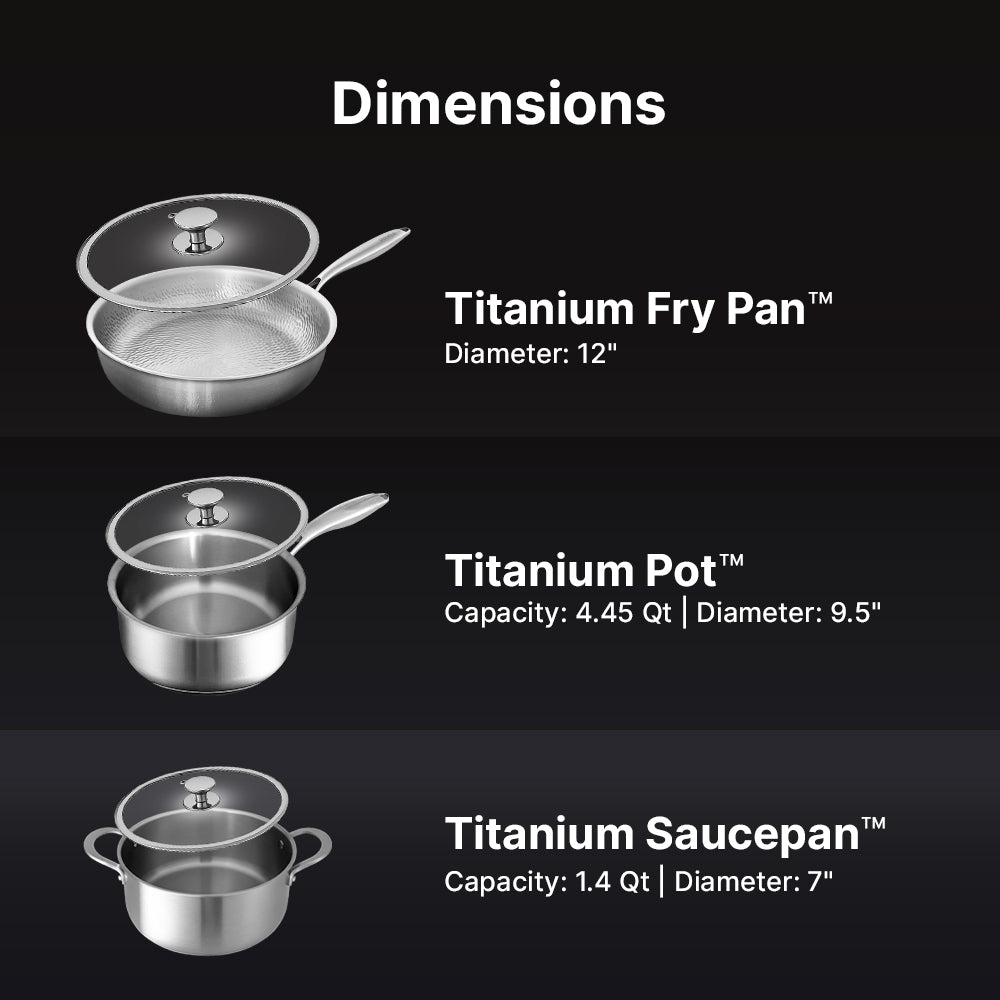 Dimensions of Titanium Fry Pan, Pot, and Saucepan on a black background
