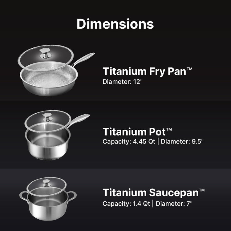 Dimensions of Titanium Fry Pan, Pot, and Saucepan on a black background