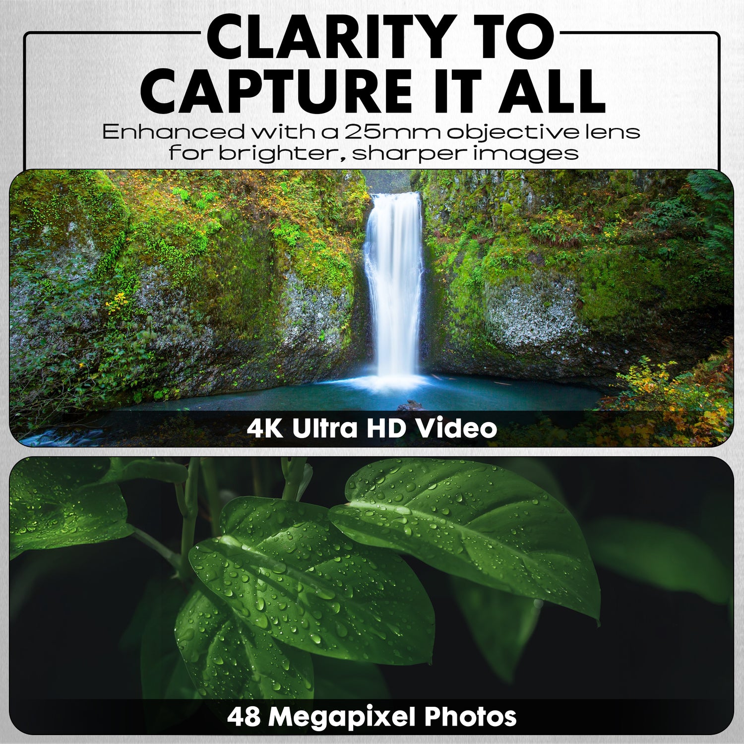 Collage of a waterfall and leaves with text about camera features.