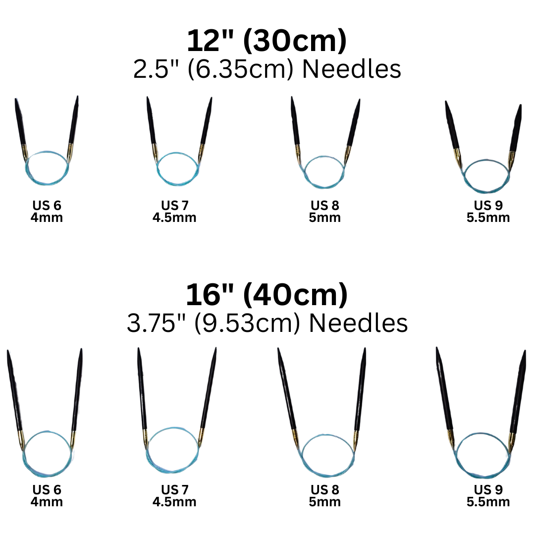 Knitting needle size chart showing different lengths and sizes on a white background.