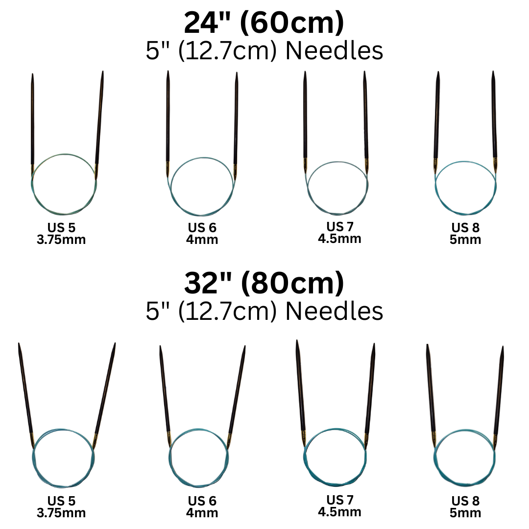 Comparison chart of knitting needles with different lengths and sizes.