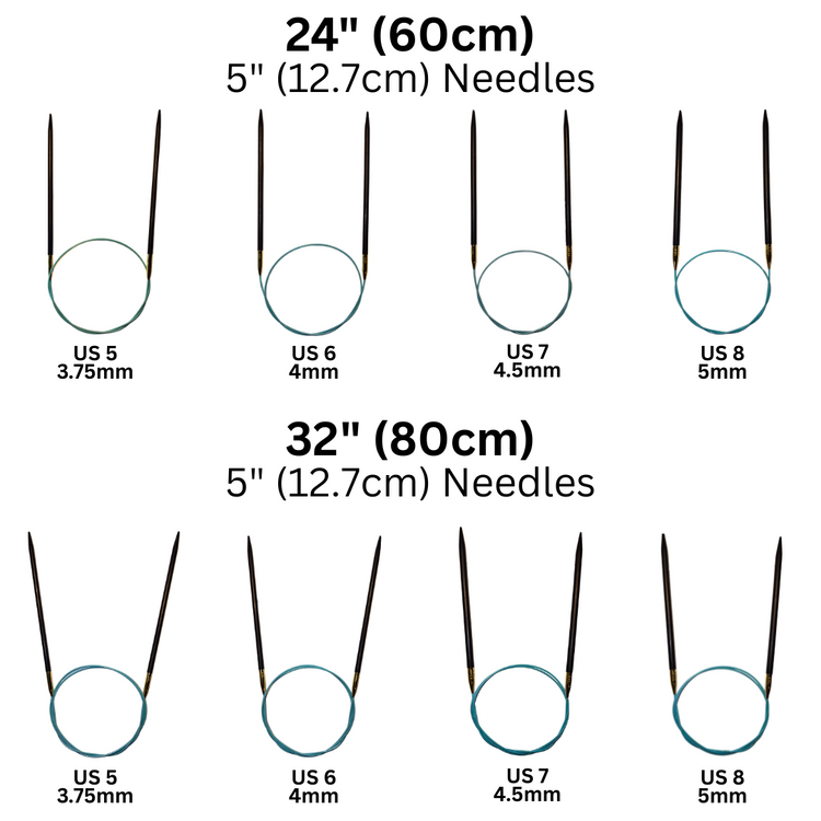 Comparison chart of knitting needles with different lengths and sizes.