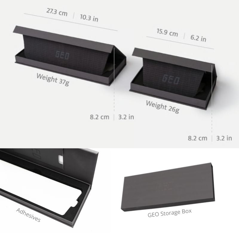 Black storage box with measurements and weight details on a white background