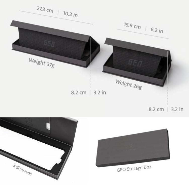 Black storage box with measurements and weight details on a white background