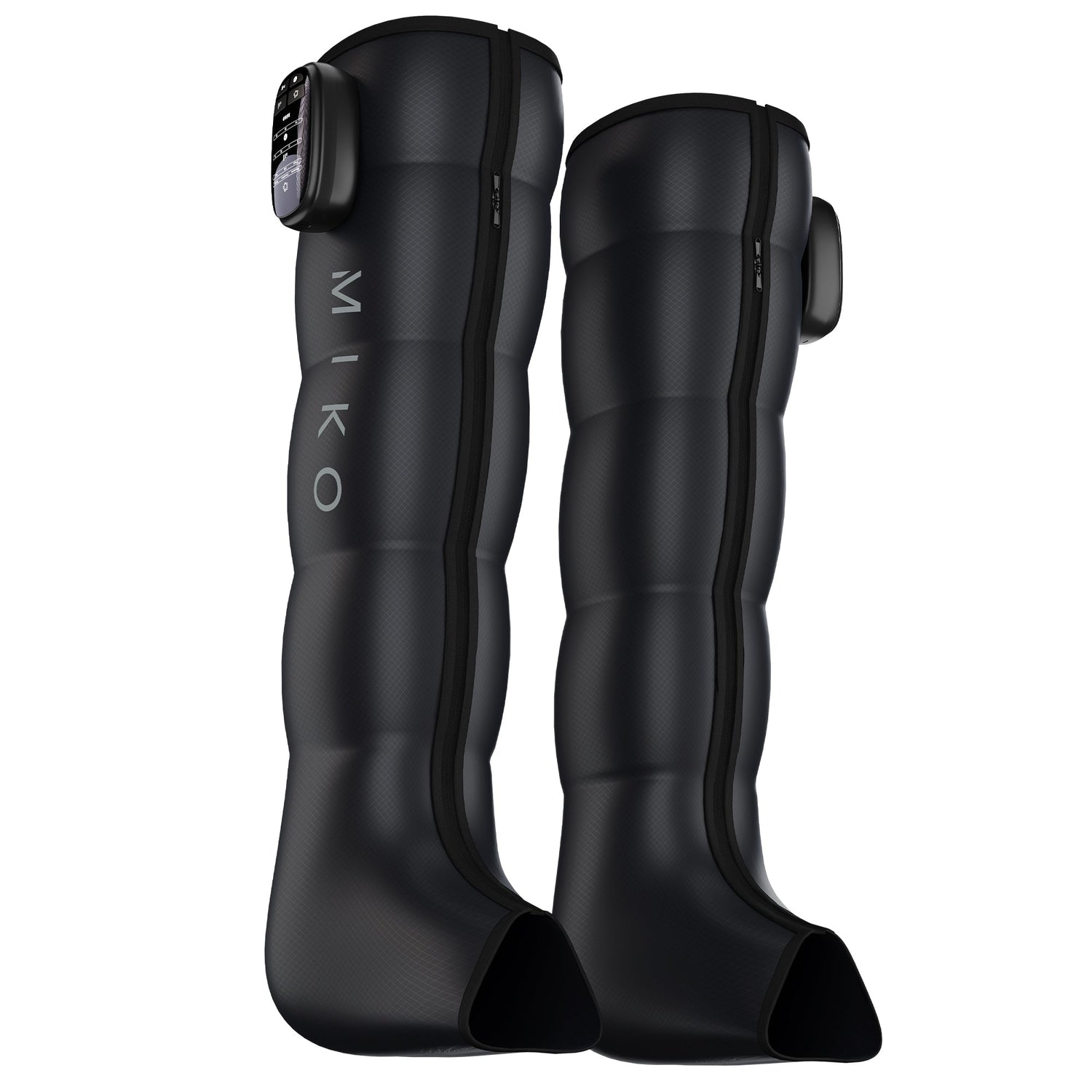 Black knee-high boots with 'MIKO' branding on a white background