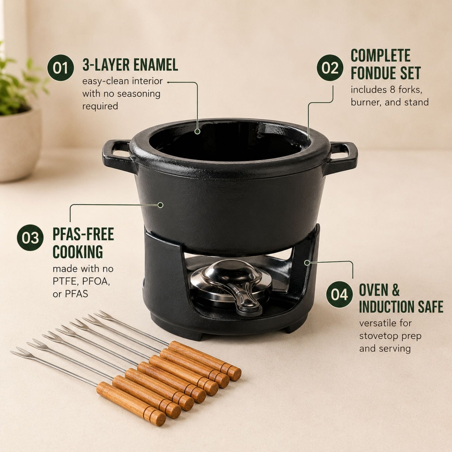 Black fondue pot with features highlighted on a beige surface