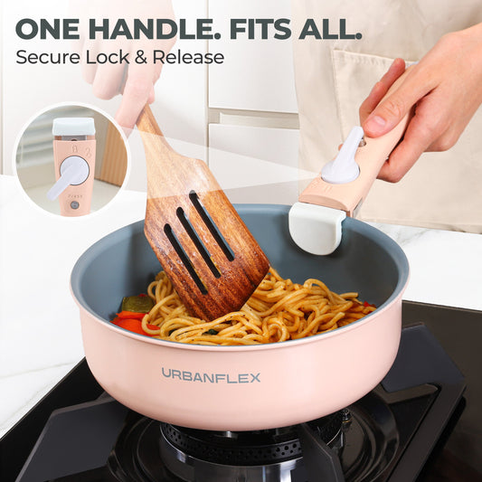 Pink and gray kitchen tool with 'BUILT TO LAST' text and durability icons on a light background