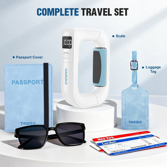 White luggage scale with blue accents and matching luggage tag and passport cover on a white background