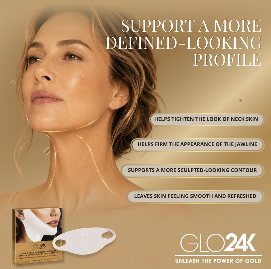 Promotional beauty graphic for GLO24K neck contouring pads. A woman's face and neck are shown against a warm beige background with text claiming support of a more defined-looking profile.