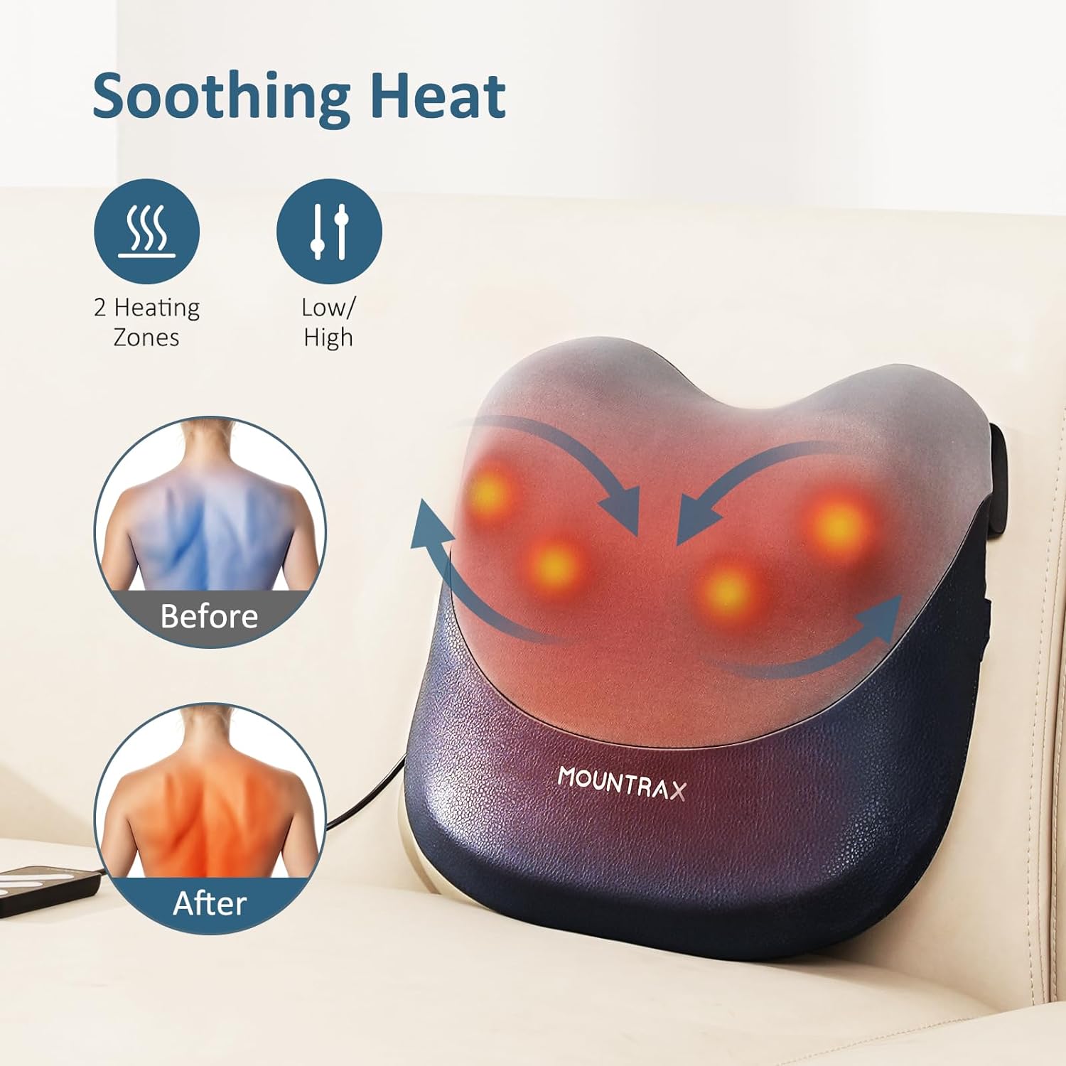 Mountrax heating pad with soothing heat features and before-and-after effect on a person's back.
