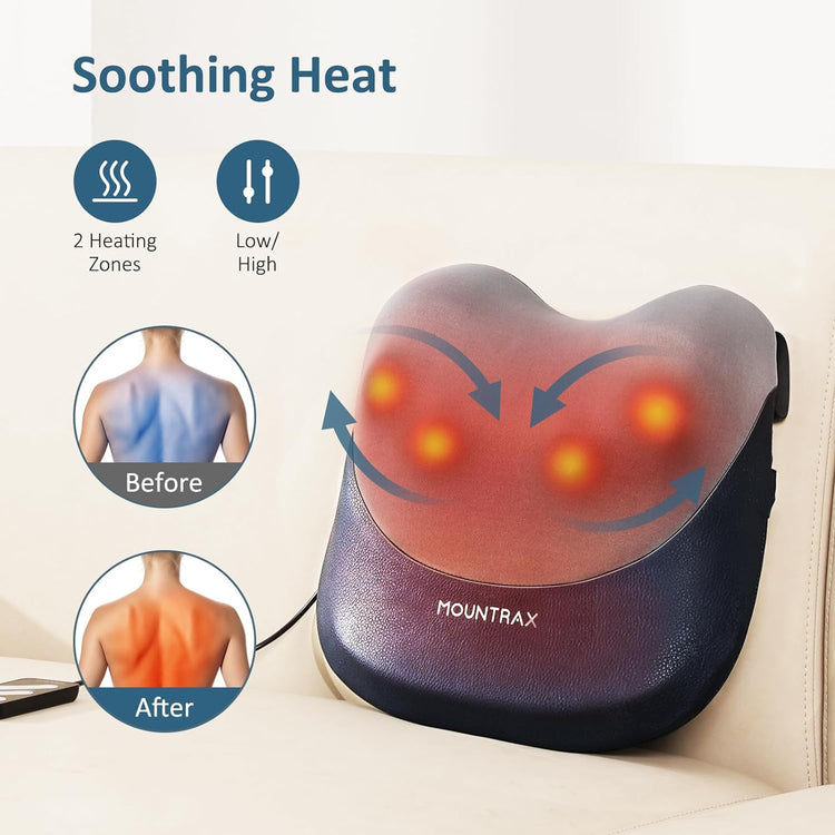 Mountrax heating pad with soothing heat features and before-and-after effect on a person's back.