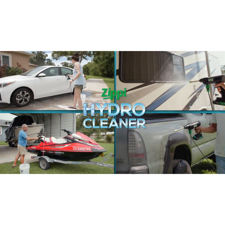 Collage of people using Zippy Hydro Cleaner on various vehicles and objects.