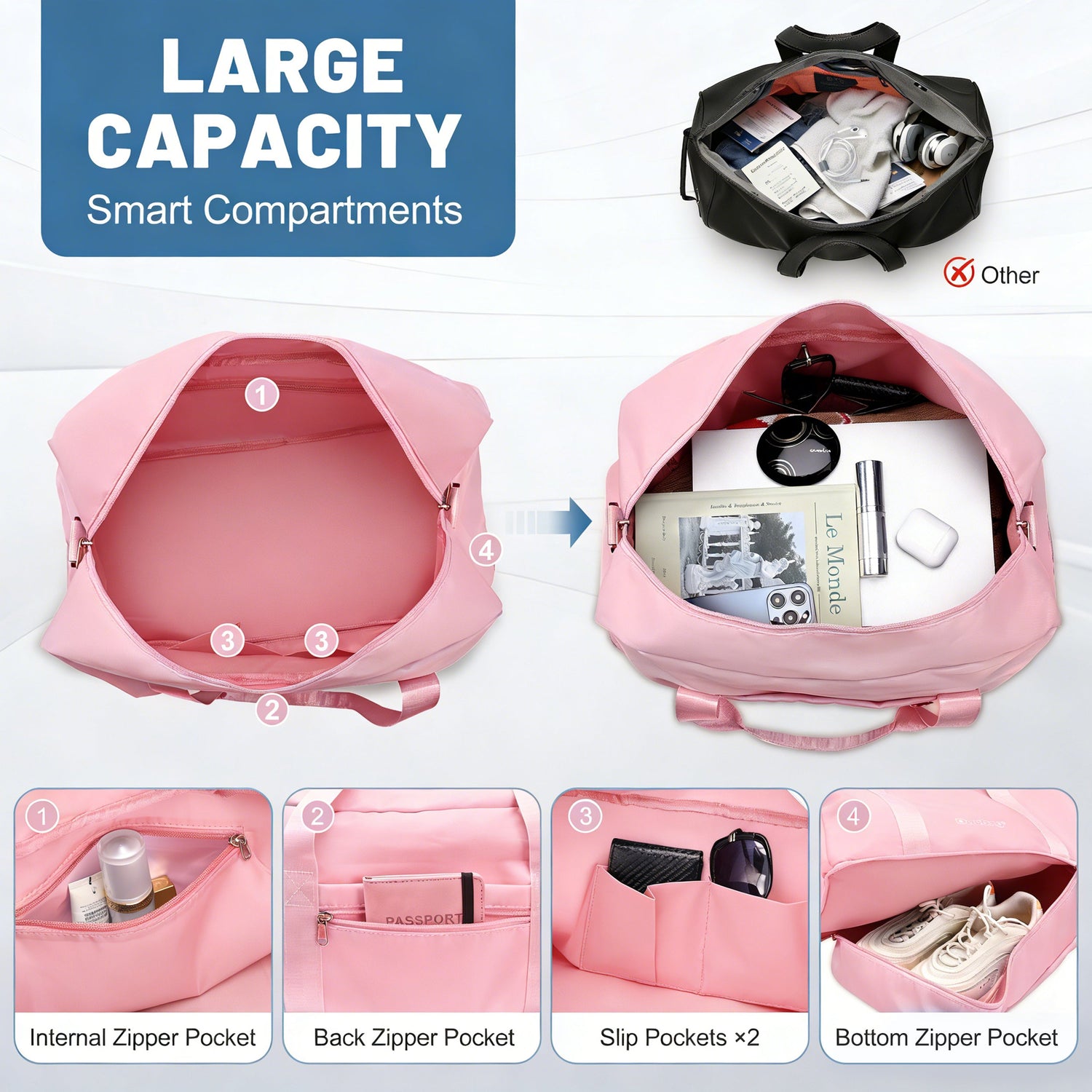 Pink backpack with various compartments and labeled features on a white background.