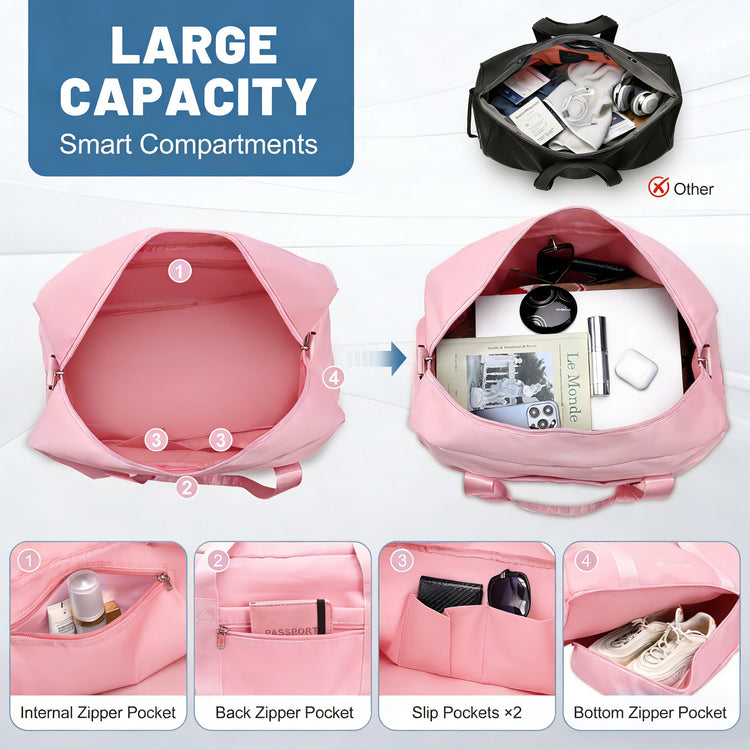 Pink backpack with various compartments and labeled features on a white background.