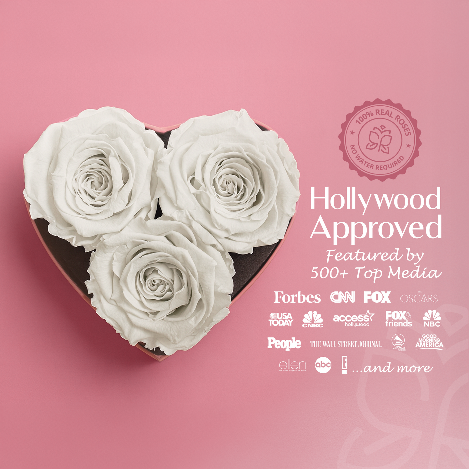 Heart-shaped box with white roses on a pink background, featuring media outlets logos.