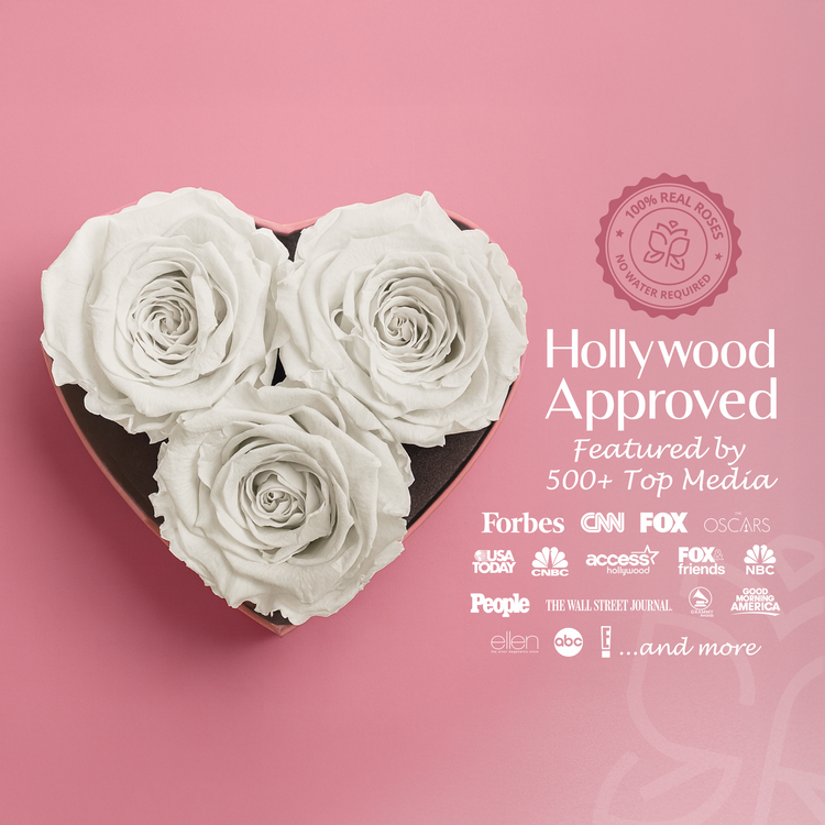 Heart-shaped box with white roses on a pink background, featuring media outlets logos.