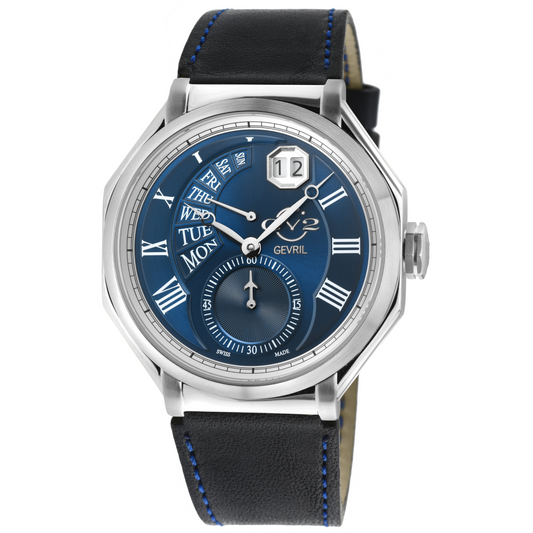A GV2 Men's Marchese Swiss Quartz Watch with an octagon case, a blue dial, and a brown leather strap.