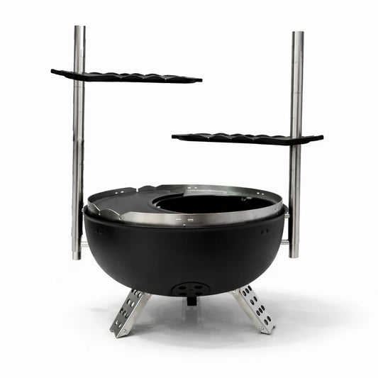 Outdoor dining scene with a portable grill, food, and people enjoying a meal.