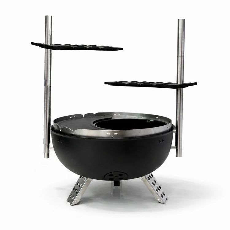 Black fire pit with metal shelves on a white background