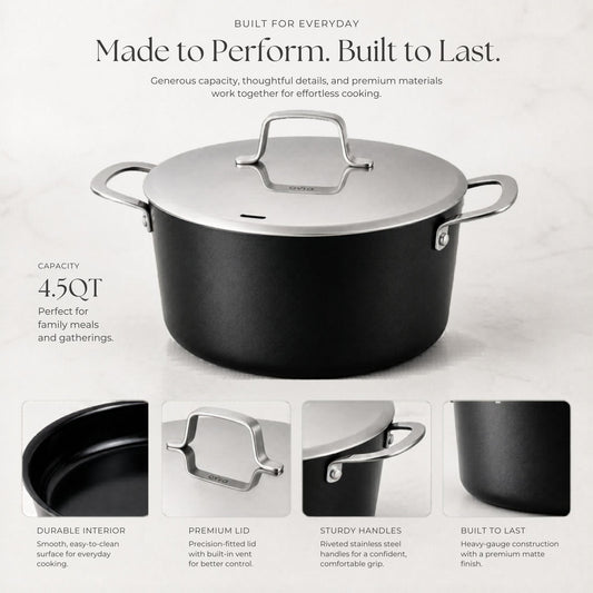 Set of black cookware with silver lids on a white background