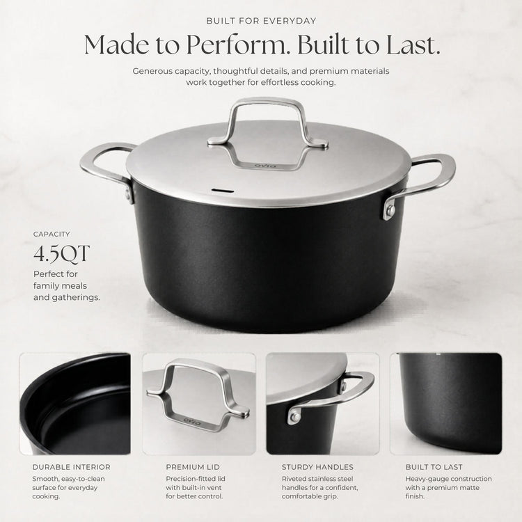 Black pot with a silver lid on a white background, featuring text about its capacity and features.