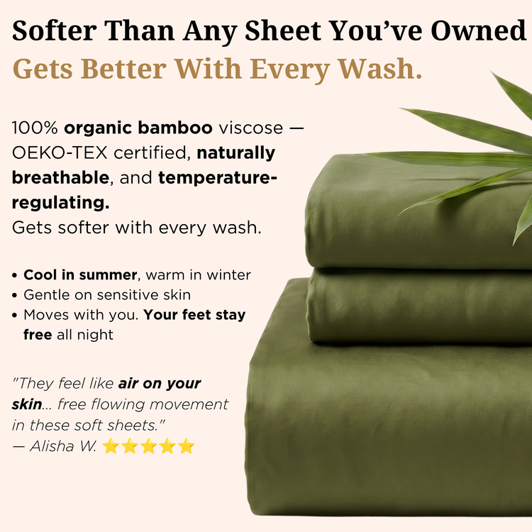 Green bamboo sheets with text highlighting features on a white background