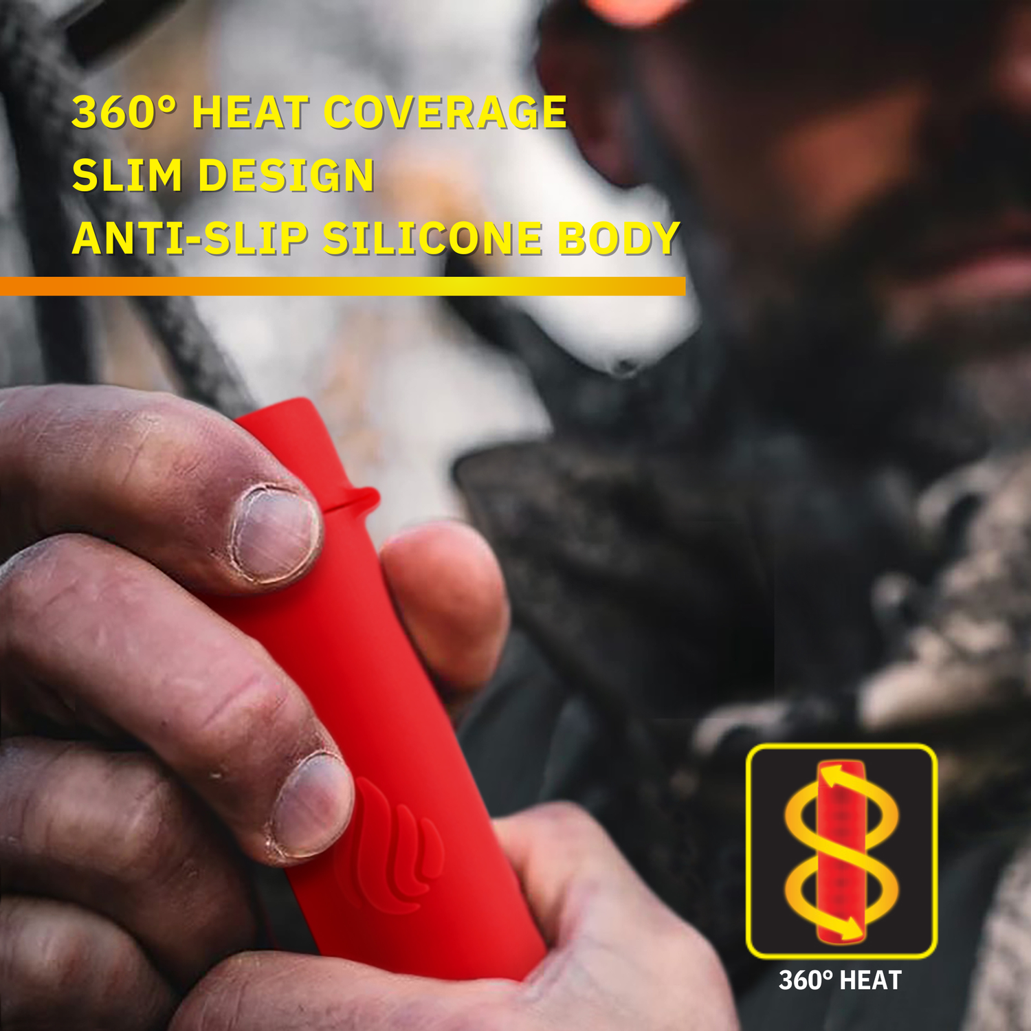 Red handheld device with text highlighting features, held by a person outdoors.