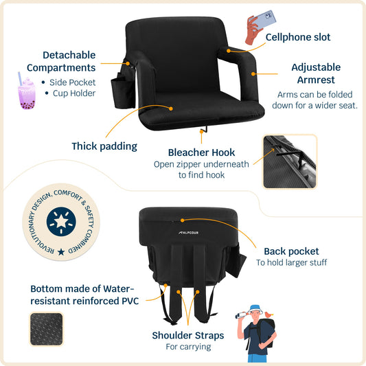 Black stadium seat with armrests, cup holder, and screen displaying product features on a white background.