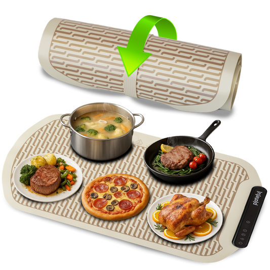 Heat mat with food items on a white background