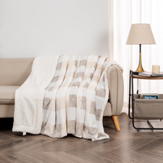 Ultra-Soft Velvet Plush Reversible Sherpa Fleece Blanket - Soft Taupe / Pale Grey Buffalo Check (Throw)