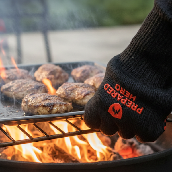 Person wearing a 'Prepared Hero' glove grilling burgers on an outdoor grill.